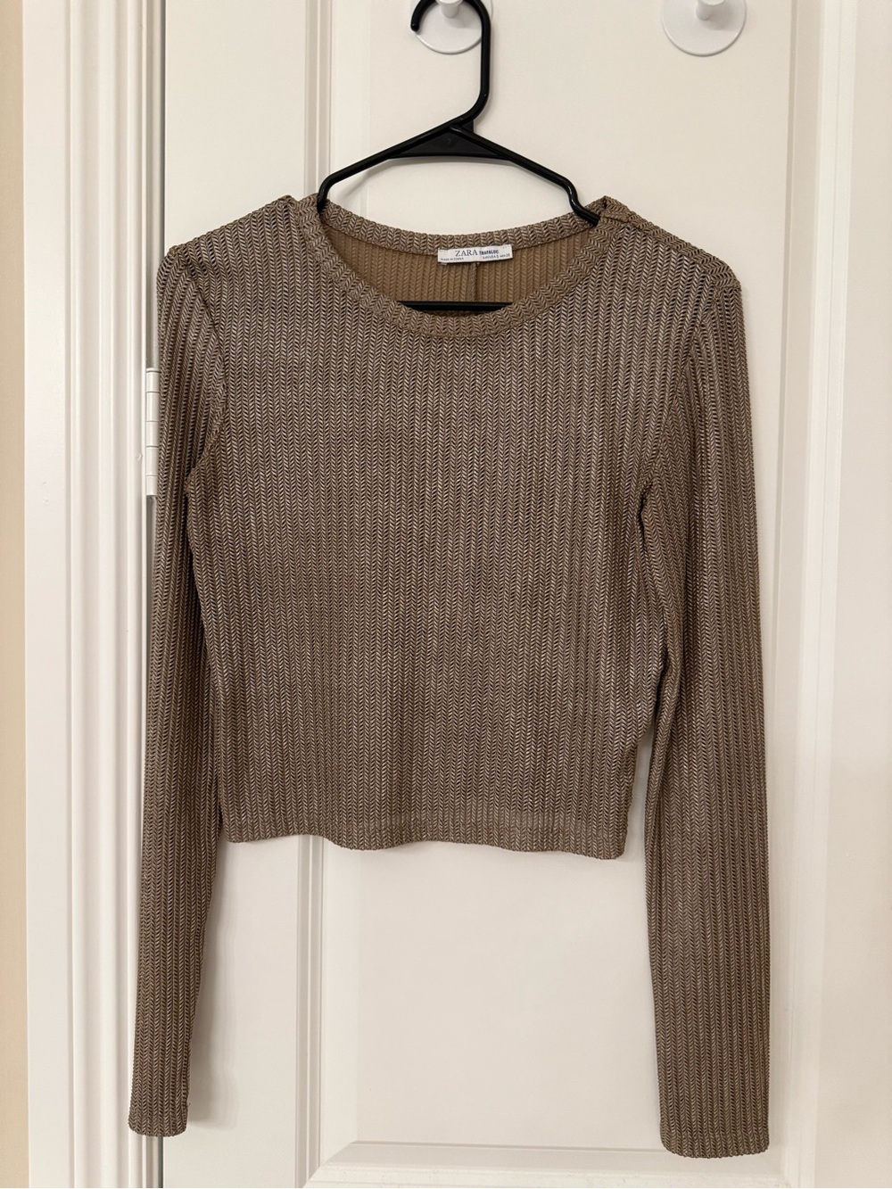 Zara Ribbed Long-Sleeve Crop Top in Taupe
